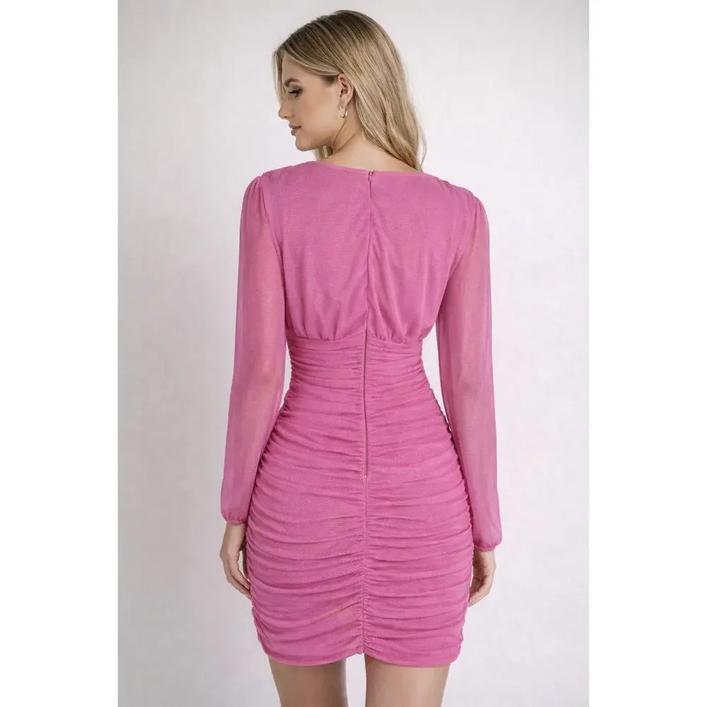 Love X Design Womens Super Pink Ruched Bodycon Dress Long Sleeve Size Medium NWT